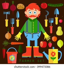 Funny flat  farmer vector set fruits, vegetables, garden equipment and cartoon character.