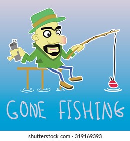 Funny flat fisherman drink some beer