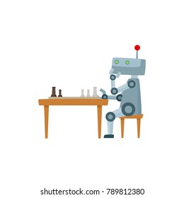 Funny flat humanoid robot sitting at stool playing chess. Male thoughtful character with gears, antenna at head. Modern technology, artificial intelligence concept. Isolated vector illustration