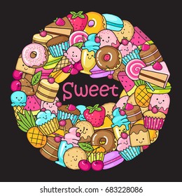 Funny flat icons of donuts, cupcakes, fruit, berries and ice cream in the form of a circle
