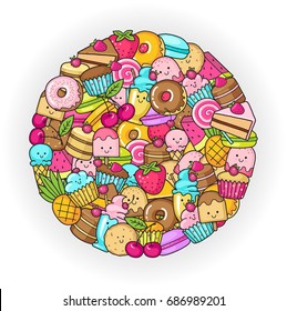 Funny flat icons of donuts, cupcakes, fruit, berries and ice cream in the form of a circle