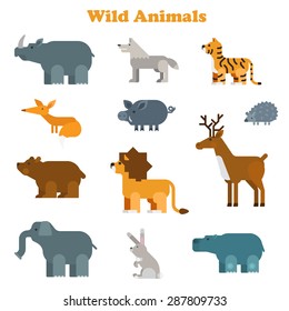 Funny Flat Kid Style Happy Wild Animals Icon Set. Rhino Wolf Tiger Fox Boar Lion Giraffe Elk Hedgehog Bear Elephant Rabbit Hippo. Zoo Animal Web Infographic Collection.