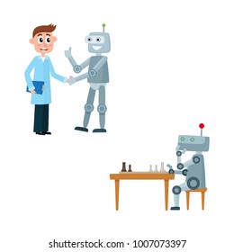 Funny flat man with clipboard handshaking with humanoid robot assistant showing thumbs up, robot playing chess at table. Modern technology, artificial intelligence, Isolated vector illustration.