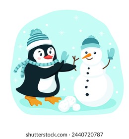 Divertido pingüino plano en sombrero azul hace muñeco de nieve en el fondo nevado de invierno. Ilustración dibujada a mano del vector con los personajes del concepto del invierno. Imagen de la historieta de lindo animal sonriente para el banner o plantilla