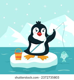 Funny flat penguin with fishing rod and blue fish on winter background. Vector cartoon illustration with ice floe. Square image of winter sport fishing cute character with smile for poster or template