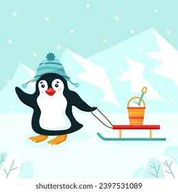 Funny flat penguin in hat with sleigh and bucket on winter background. Vector cartoon illustration with ice mountains. Square image of winter sport smiling character with sled for poster or template