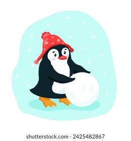 Funny flat penguin in red hat rolls snowball on winter snowy background. Vector cartoon illustration with character making snowman. Square image of cute sports smiling animal for banner or template