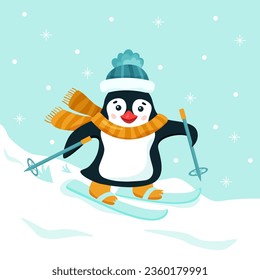 Funny flat penguin with skis and orange scarf on winter background. Vector cartoon illustration with snowflake. Square image of winter sports cute go skiing character with smile for poster or card