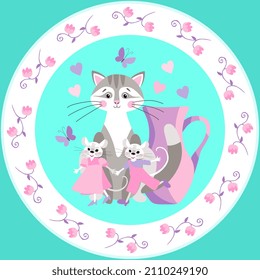 Funny flat plate pattern for kids. Cute cartoon cat, a jug of milk and two funny mice on a blue background. Floral border on a white background. Easy editable vector illustration.