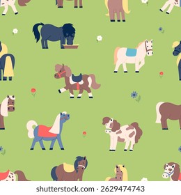 Funny pônei plano no prado verde padrão sem emenda. Animais de exploração ou de comercialização infantis. Imprimir para o projeto web do tecido de papel de parede, fundo do vetor