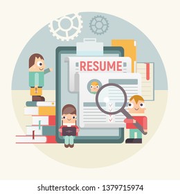 Funny Flat Retro Design Hiring, Job Interview and Recruitment Cartoon Characters near Big Resume Blank. Hiring a New Employee. Vector Illustration. Job Interview Concept. Application and CV.