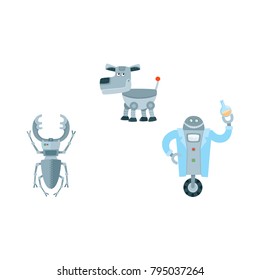 Funny flat robots set. Humanoid chemist in robe with wheel holding test-tube, mechanical dog with antenna-tail, scarab. Modern technology, artificial intelligence concept. Isolated vector illustration