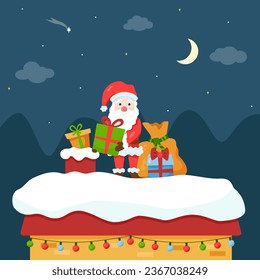 Funny flat Santa Claus on house roof with gifts and bag on winter background. Vector cartoon Merry Christmas illustration. Cute winter character with smile near chimney pipe for holiday greeting card