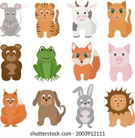 Funny flat simple vector animal illustrations set of farm and wild animals icons isolated on white background, including tiger, lion, dog, cat, squirrel, cow, toad, fox, mouse, pig, bear, hare