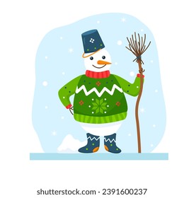 Funny flat snowman with bucket and sweater on snowy background. Vector cartoon illustration of fairy tale character in pullover. Image of winter person in jersey with smile for holiday card or poster