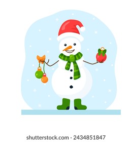 Funny flat snowman with Christmas hat and scarf on snowy background. Vector cartoon illustration of fairy tale character with smile and festive balls. Hand drawn winter image for holiday greeting card