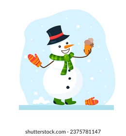 Funny flat snowman in hat and scarf on snowy background with ice cream cone. Vector cartoon illustration in bright colors. Image of cute winter mittens character with smile for holiday greeting card