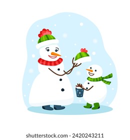 Funny flat snowman wife puts nice hat on child on snowy background. Vector hand drawn cartoon illustration of fairy tale character. Winter snow woman with smile and snowman for holiday card or banner