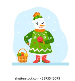 Funny flat snowman wife with yarn and sweater on snowy background. Vector cartoon illustration of fairy tale character in pullover. Winter snow woman in jersey with smile for holiday card or poster