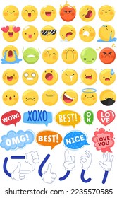 Funny flat style emoji emoticon anime reactions color icons set vector illustration isolated on white. Booble talk hello phrases.
