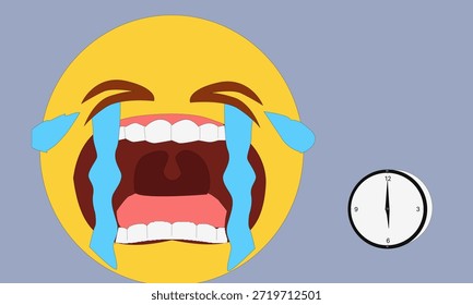 Divertida ilustración de emoji de Vector plano que muestra risas con lágrimas y un ícono de reloj, que representa el humor y las reacciones emocionales a lo largo del tiempo.