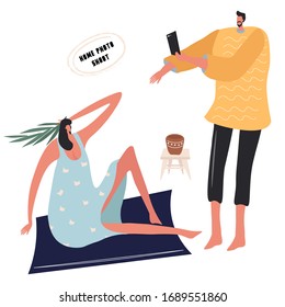 Graciosa ilustración vectorial plana sobre el tema del autoaislamiento con personas que hacen una sesión de fotos en casa.