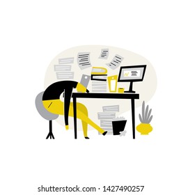 Funny Flat Vector Illustration Of Tired Male, Lying On His Work Table At The Office. Procrastination, Professional Burnout.