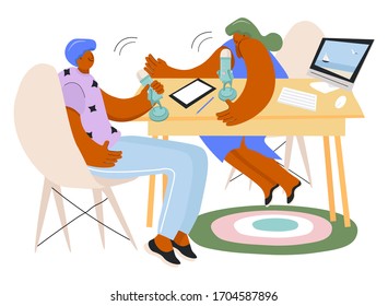 
Funny flat vector podcast studio. Radio host and guest. Nice microphone for stream, podcast, songs. Illustration for media. Сoncept of live online interview translation