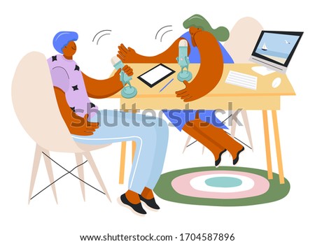 
Funny flat vector podcast studio. Radio host and guest. Nice microphone for stream, podcast, songs. Illustration for media. Сoncept of live online interview translation