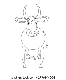 A funny flat white cow drawn with a black outline. She stands in front. Drawing isolated on white background. Stock vector illustration.