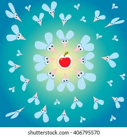 Funny flies with the big eyes and fly wings on a plate with Apple