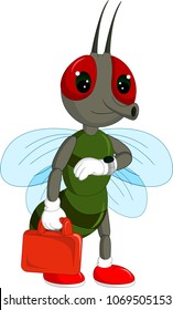 funny flies cartoon standing bring bag with smile