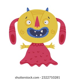 Funny Floppy-eared Monster with Horns and Toothy Mouth Standing Vector Illustration