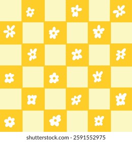 Funny floral pattern in a cage. Seamless retro pattern with simple colors. Bright background for T-shirts, posters, postcards, wallpapers and prints. Vector seasonal doodles