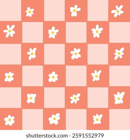 Funny floral pattern in a cage. Seamless retro pattern with simple colors. Bright background for T-shirts, posters, postcards, wallpapers and prints. Vector seasonal doodles