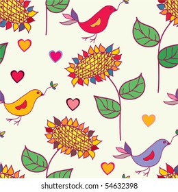 Funny floral seamless pattern with birds and sunflowers