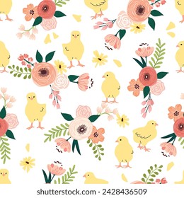 Funny floral seamless pattern with cute little chickens.Spring background with cartoon chick and flowers compositions.Animal print on fabric and paper.Nursery wall decor.Vector banner template.