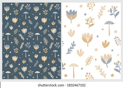 Funny Floral Seamless Vector Pattern. Abstract Freehand Flowers and Mushrooms Print. Hand Drawn Flowers Isolated od a White and Blue Background. Cute Abstract Autumn Garden Repeatable Design.