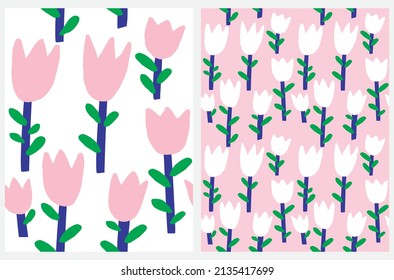 Funny Floral Seamless Vector Pattern. Simple Abstract Freehand Flower Print. Light Pink and White Hand Drawn Flowers Isolated od a White and Pastel Pink Background.Cute Abstract Garden Design.