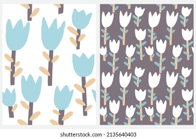 Funny Floral Seamless Vector Pattern. Simple Abstract Freehand Flower Print. Light Blue and White Hand Drawn Flowers Isolated od a White and Brown Background.Cute Abstract Garden Design.