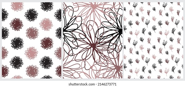 Funny Floral Seamless Vector Patterns. Simple Abstract Freehand Flower Print. Simple Hand Drawn Flowers and Twigs Isolated od a White Background. Cute Abstract Garden Repeatable Design.