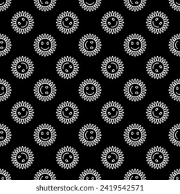 Funny Flower with Cute Smiling Face vector Hippie style concept dark seamless pattern in thin line style