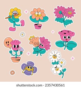 Funny flower groove characters. Funny with eyes and a smile. Set of stickers in trendy retro style. Isolated vector illustration. Hippie in the style of the 60s, 70s.