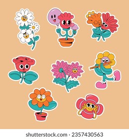 Funny flower groove characters. Funny with eyes and a smile. Set of stickers in trendy retro style. Isolated vector illustration. Hippie in the style of the 60s, 70s.