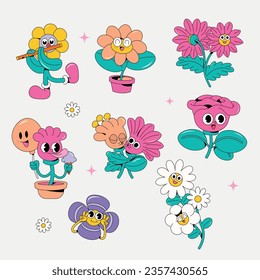 Funny flower groove characters. Funny with eyes and a smile. Set of stickers in trendy retro style. Isolated vector illustration. Hippie in the style of the 60s, 70s.