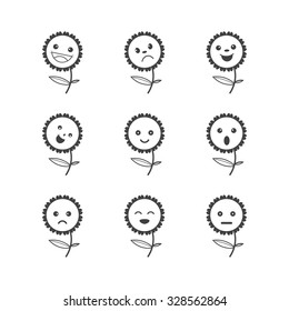 Funny flower icons. set of different emotions