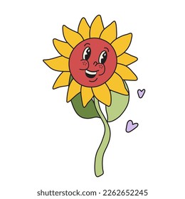 Funny flower retro vintage cartoon character illustration. Cute hippie smiley flower, camomile.