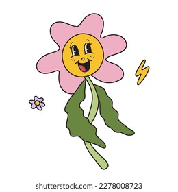 Funny flower retro vintage cartoon character illustration. Cute hippie flower, camomile.