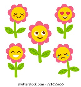 Funny flower with smiley face set, different facial expressions. Cute cartoon illustration.