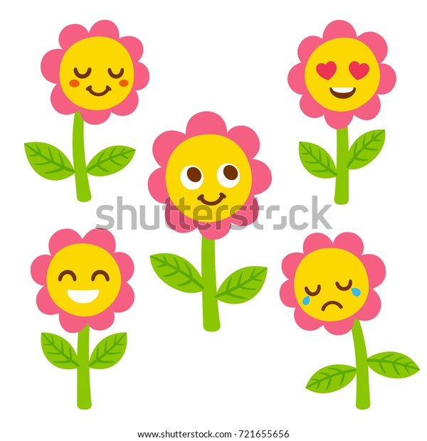 笑顔セットのおかしな花 表情が違う かわいい漫画のイラスト のベクター画像素材 ロイヤリティフリー
